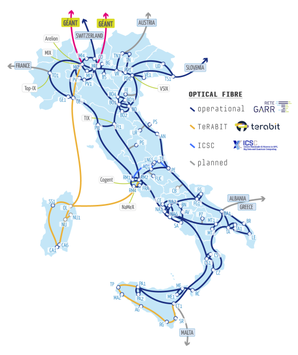 Mappa della rete GARR-T con gli interventi dei progetti PNRR